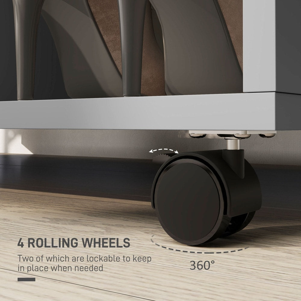 Close up of the four lockable rolling wheels on the base of the open wardrobe