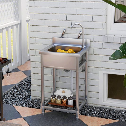 The outdoor utility sink is shown in use next to a barbecue on a patio