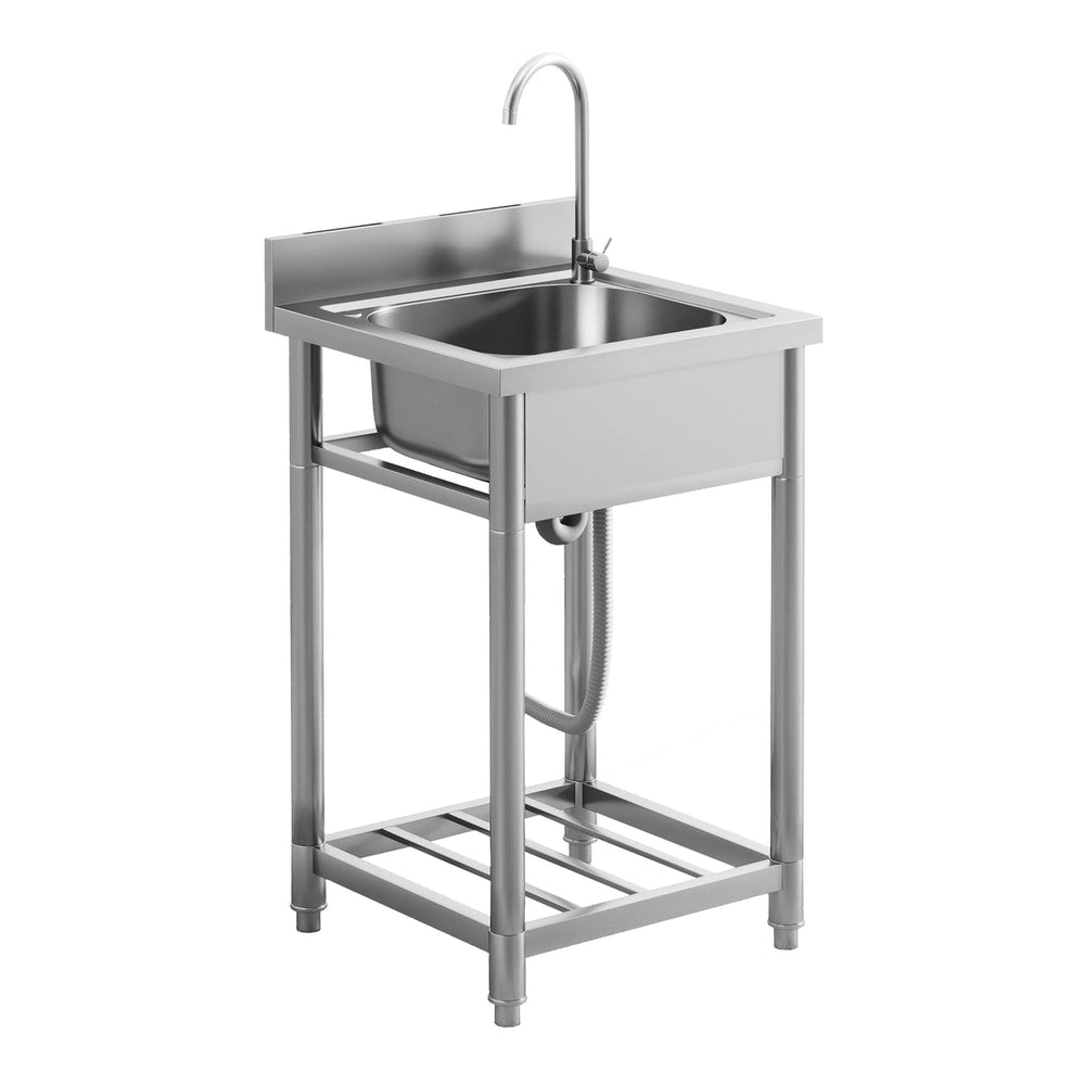 HOMCOM Outdoor Utility Sink, a stainless steel freestanding single bowl sink with a tap and storage shelf