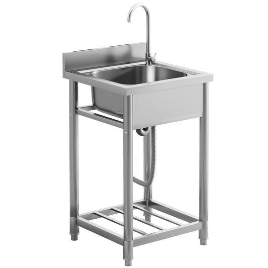 HOMCOM Outdoor Utility Sink, a stainless steel freestanding single bowl sink with a tap and storage shelf