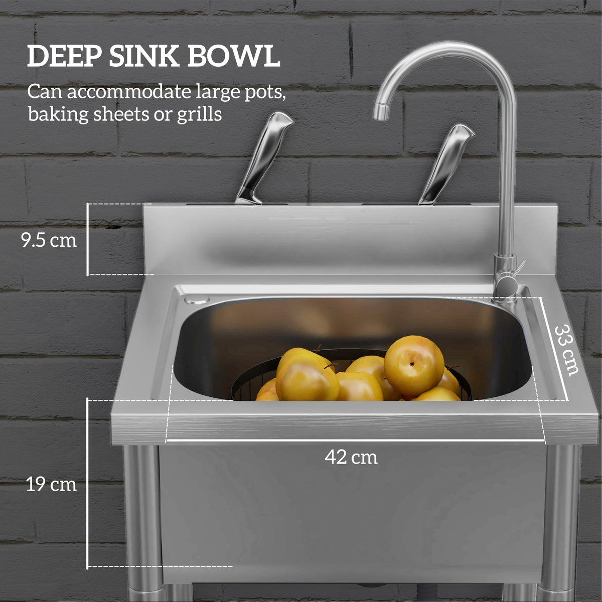 A close-up of the deep sink bowl, showing it filled with fruit