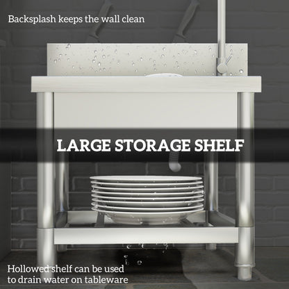 The large storage shelf under the sink holds a stack of plates