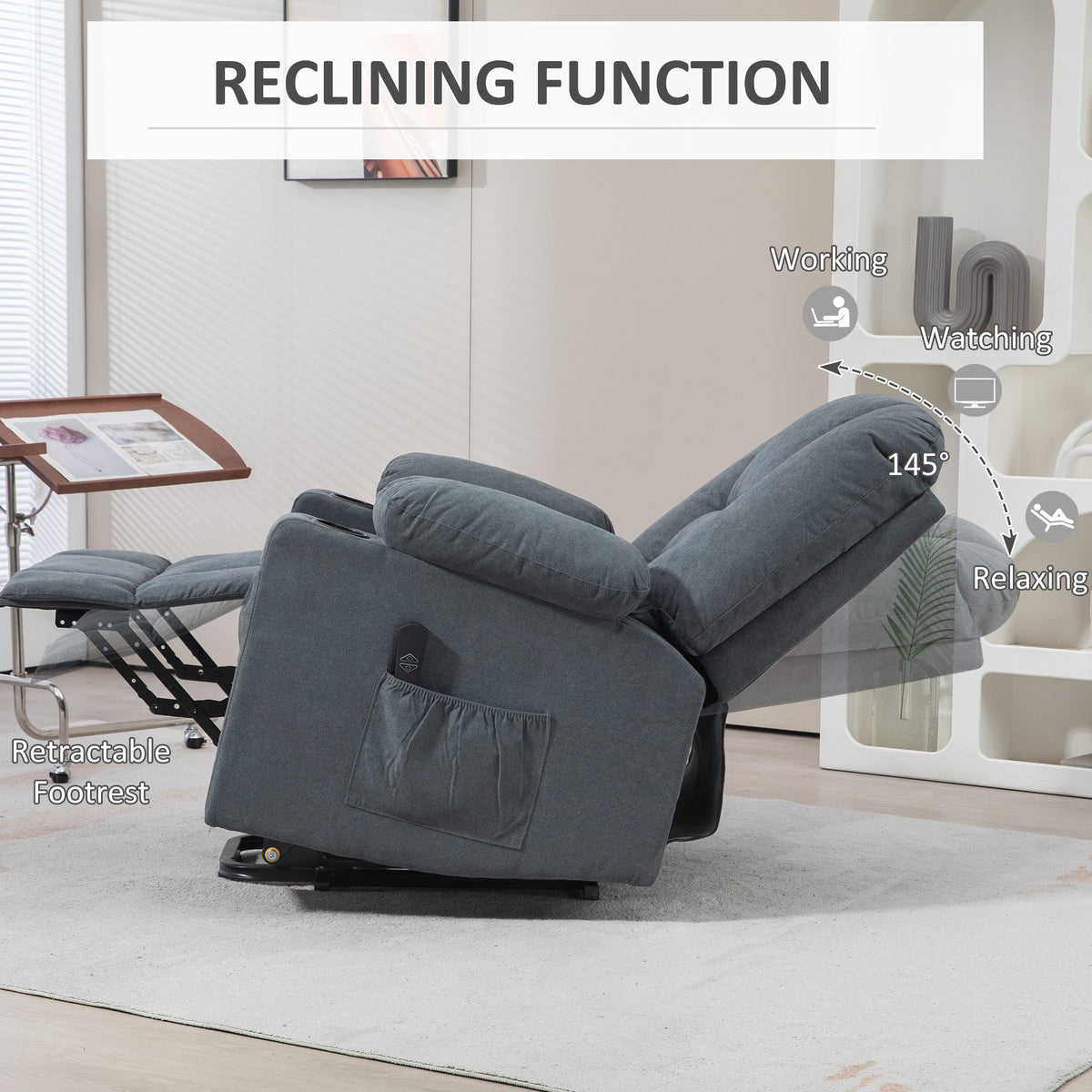 The grey fabric riser and recliner chair demonstrates its reclining function and footrest