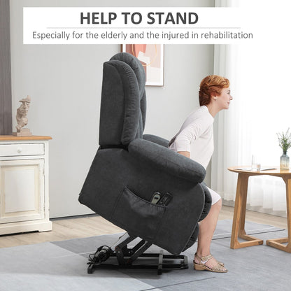 The lift chair tilting forward to assist a woman standing up in a home setting