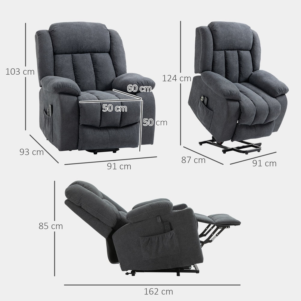 the dark grey massage chair shown in three different positions with technical dimension lines