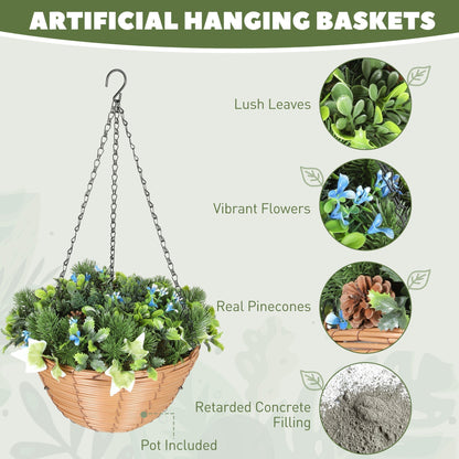 The artificial plants with callouts highlighting the leaves, flowers, pinecones and base