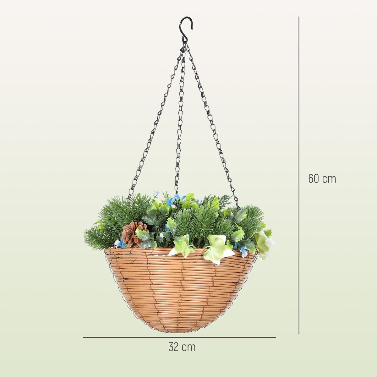 The hanging basket showing height and width dimensions against a plain background