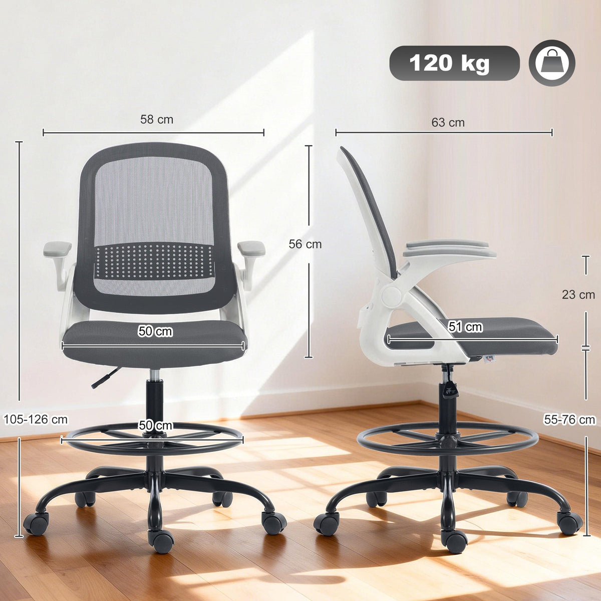 Dimensions diagram for the grey mesh computer chair with flip-up armrests