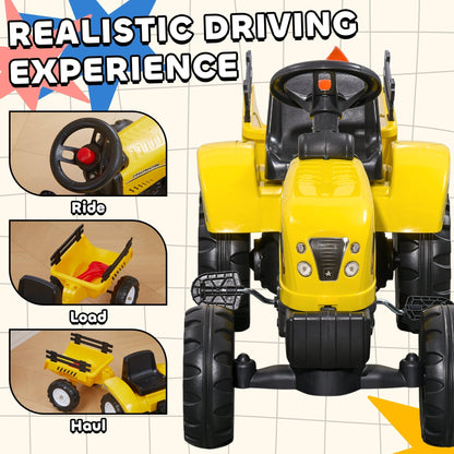 Close-up views of the steering wheel, trailer, and front of the ride-on tractor toy