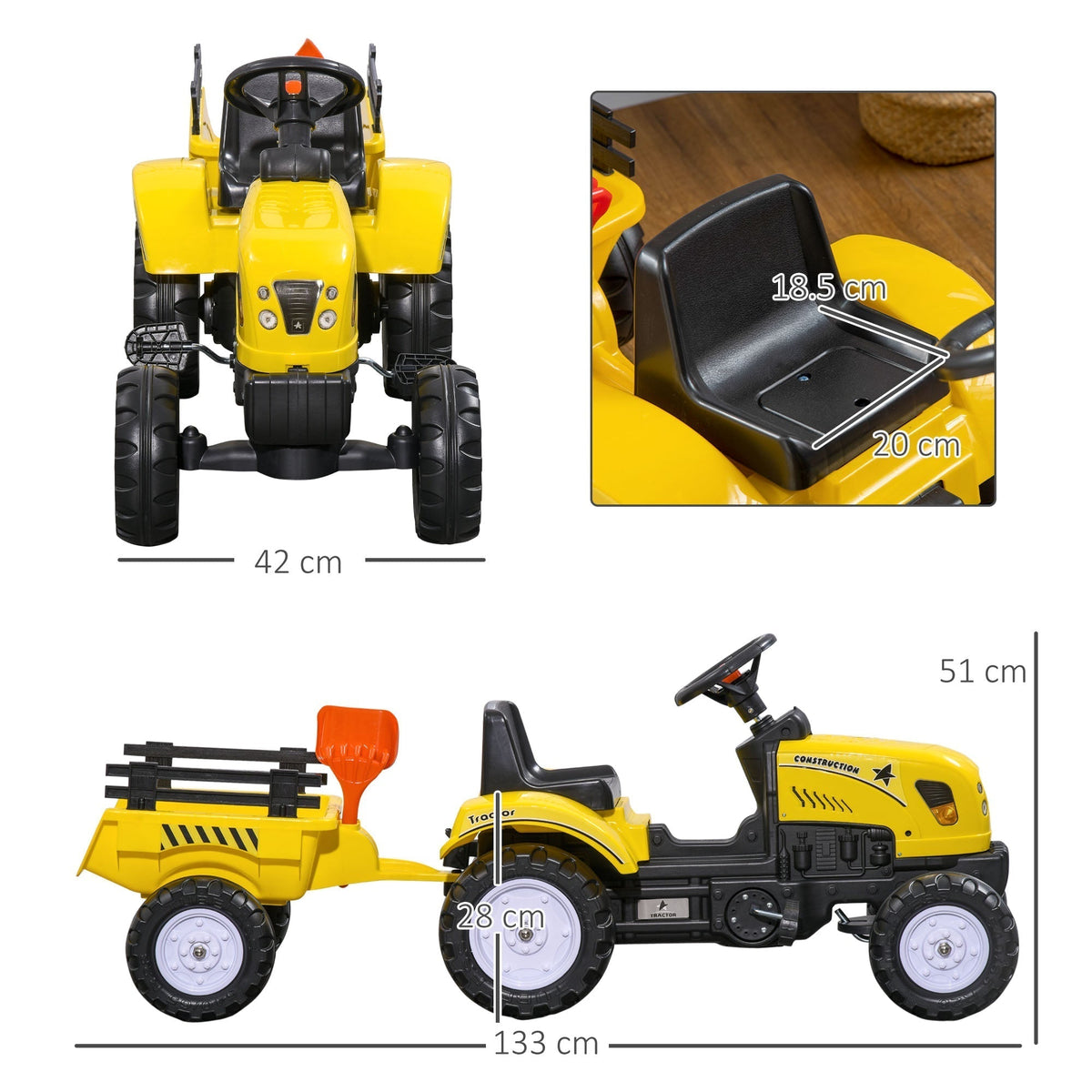This ride-on tractor toy has a size diagram showing dimensions and included accessories