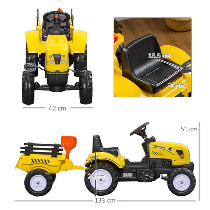 This ride-on tractor toy has a size diagram showing dimensions and included accessories