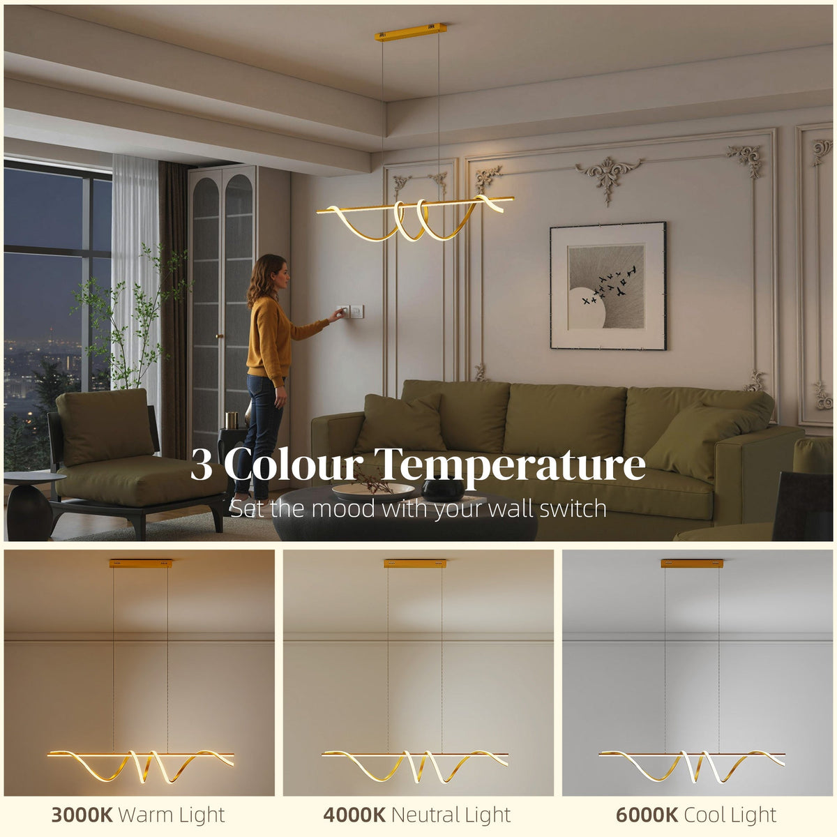 The gold tone ceiling light showing three colour temperature options: warm, neutral, and cool light