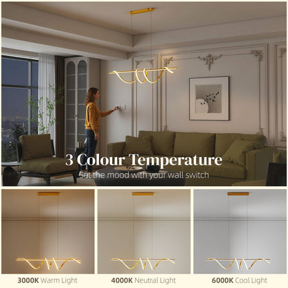 The gold tone ceiling light showing three colour temperature options: warm, neutral, and cool light