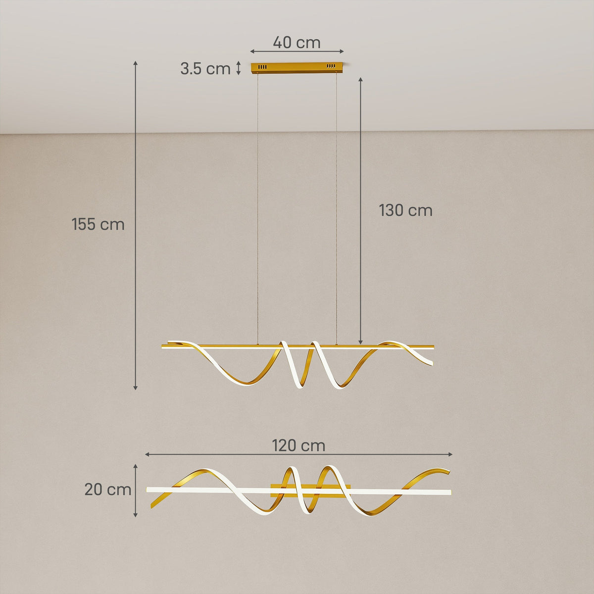 The gold tone ceiling light with dimensions shown for height and width