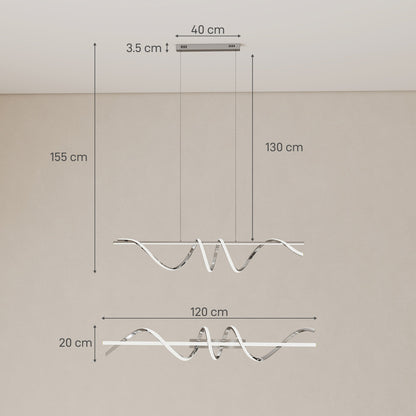 The silver tone pendant light with dimensions shown in cm