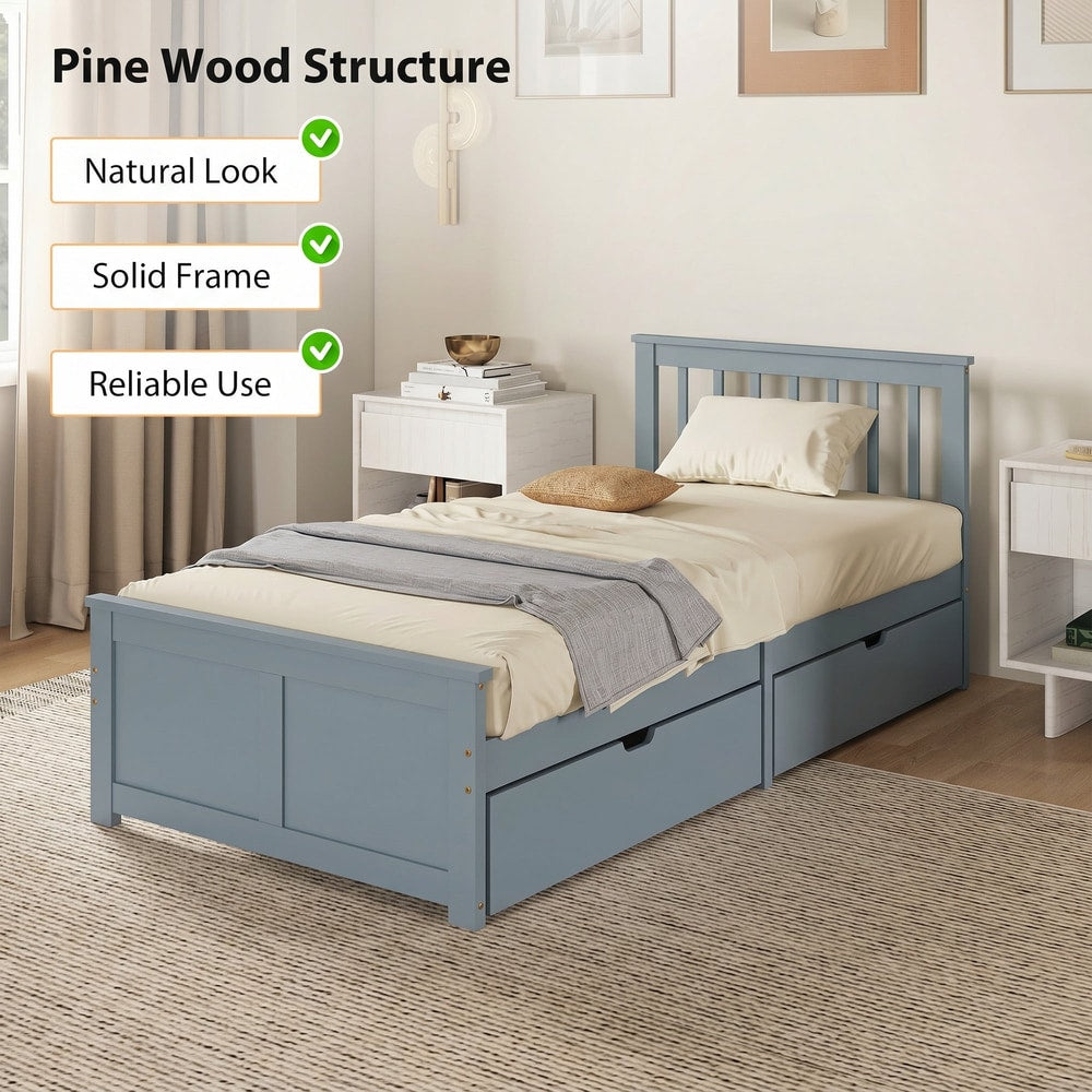 A grey single storage bed with drawers is shown in a bedroom setting