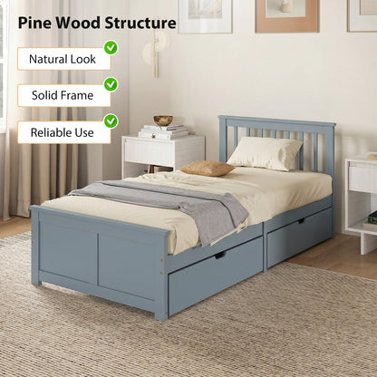 A grey single storage bed with drawers is shown in a bedroom setting