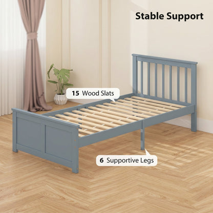 The wooden slats and legs of the grey single storage bed are visible