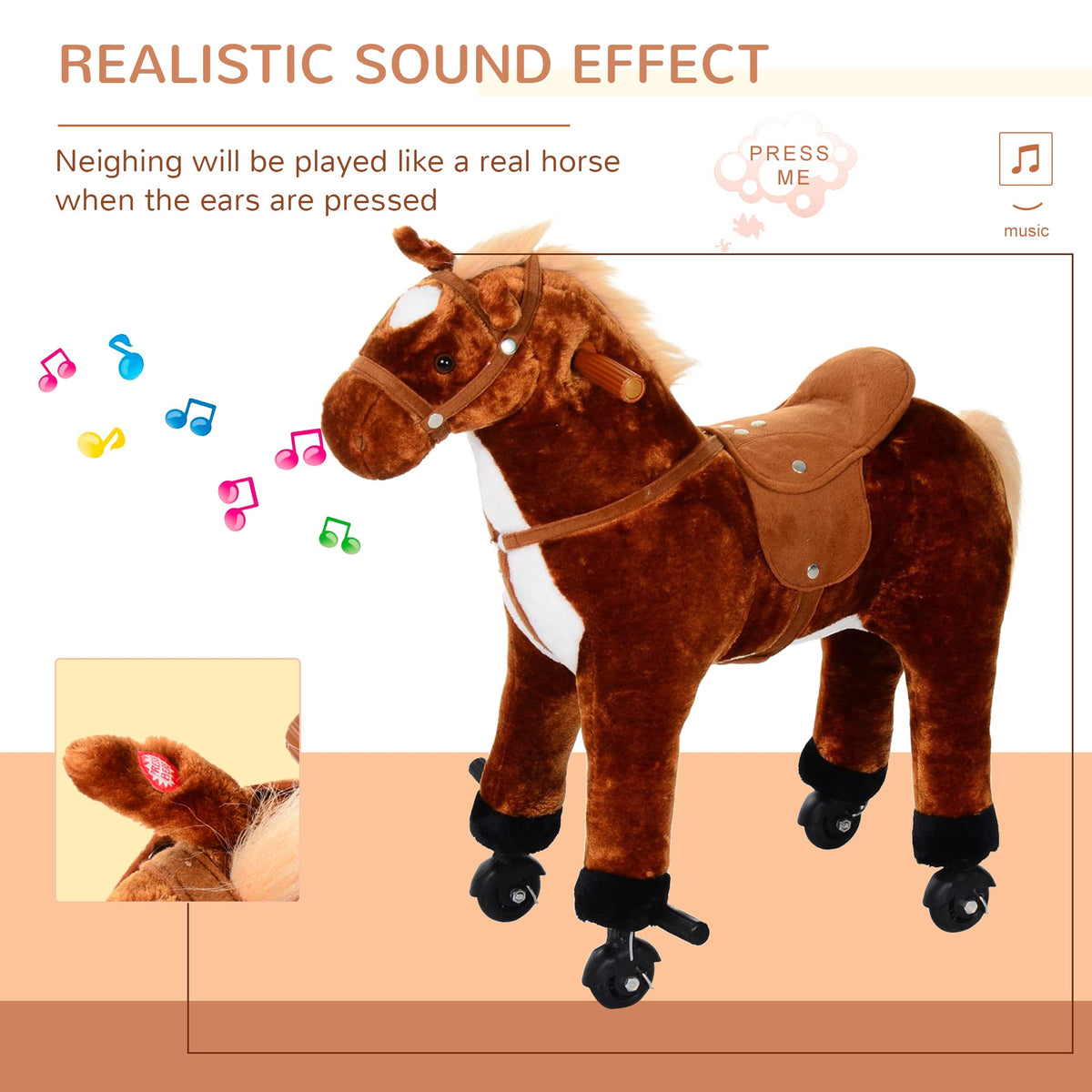 The plush rocking animal with a close up of the ear button that makes sounds