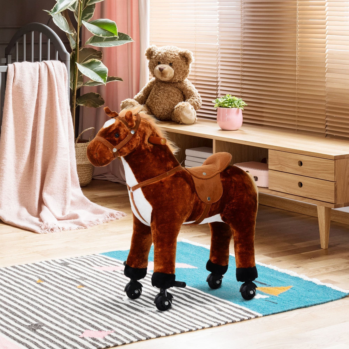 The plush rocking animal standing on a patterned rug in a bright child bedroom