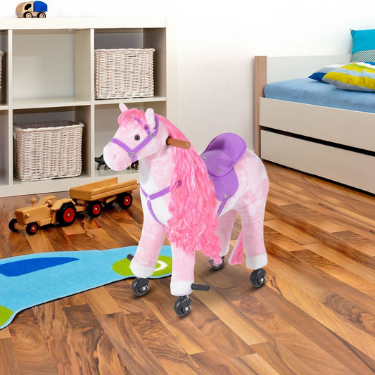 Pink plush walking horse ride on toy in a child's bedroom on a rug
