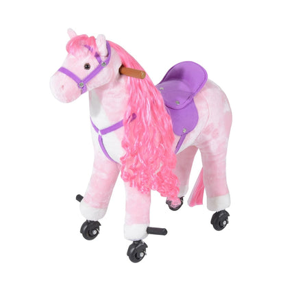 HOMCOM Plush Walking Horse Ride On Toy in pink with purple saddle and reins