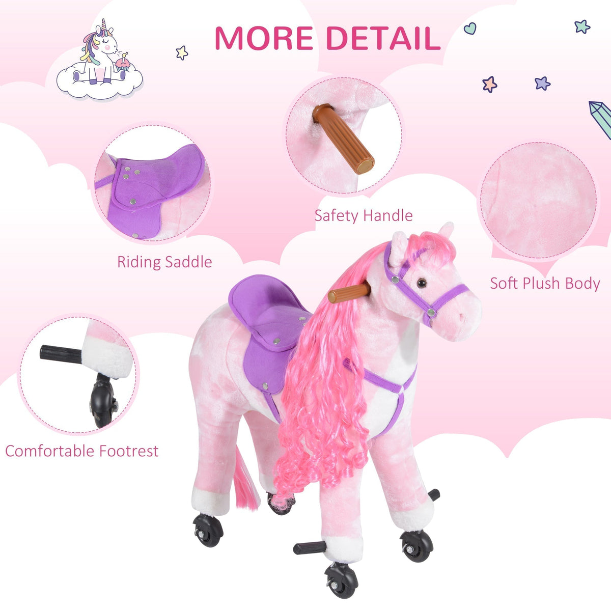 Close up of the pink plush walking horse ride on toy's saddle and footrest