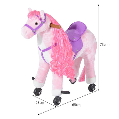Pink plush walking horse ride on toy with dimensions shown