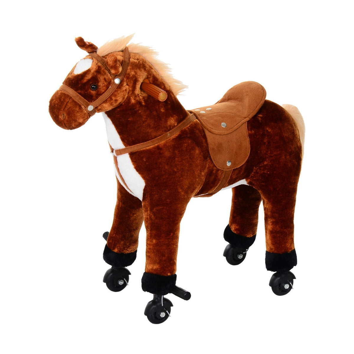HOMCOM Plush Walking Horse Ride On Toy with a brown coat and a saddle on a white background