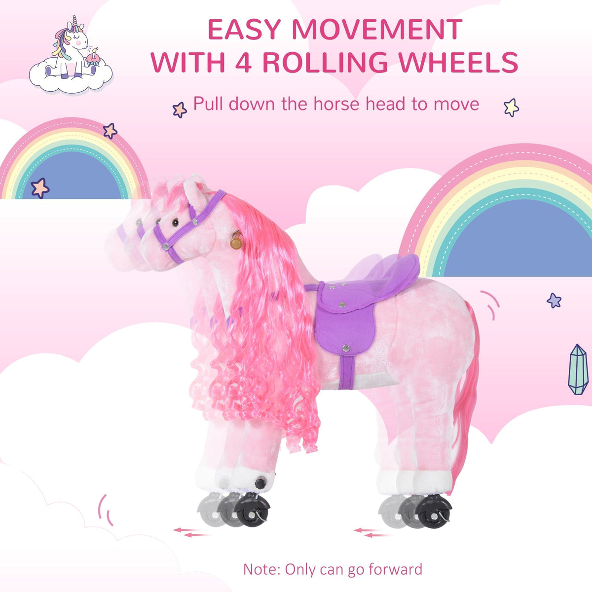 Pink plush walking horse ride on toy with four rolling wheels for easy movement