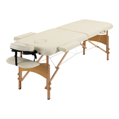 HOMCOM Portable Massage Bed, a cream-coloured, two-sectioned spa beauty table with a wooden frame and adjustable headrest