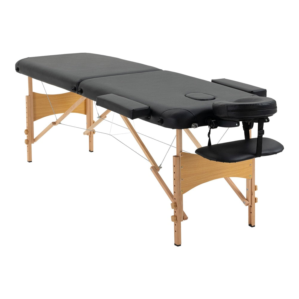 HOMCOM Portable Massage Bed with black upholstery, wooden frame and attached headrest and armrests