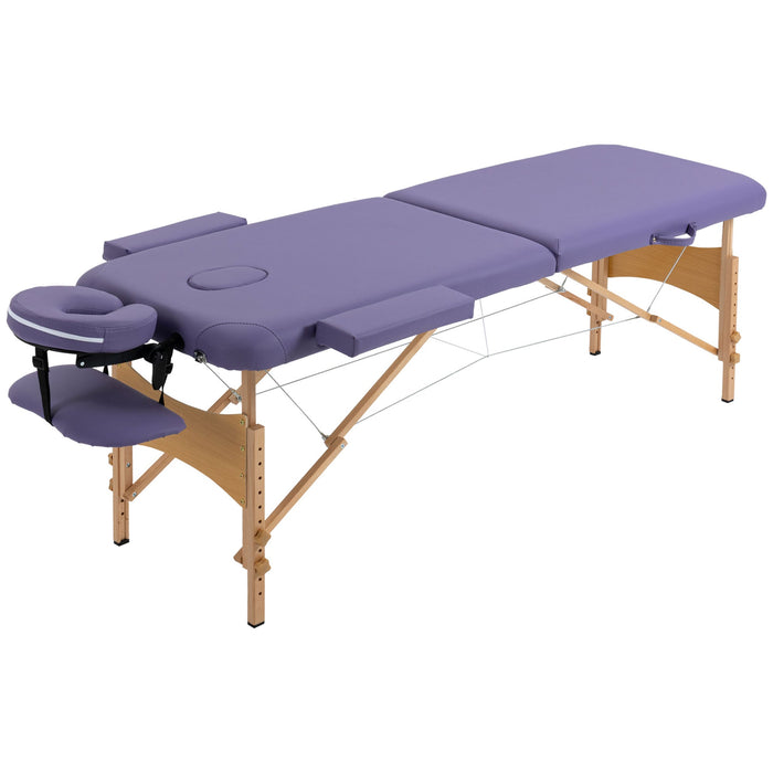 HOMCOM Portable Massage Bed in purple with a wooden frame and adjustable headrest