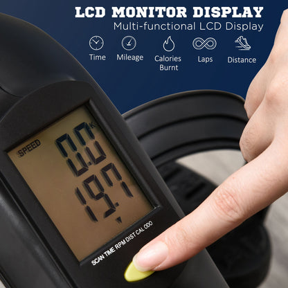 Close-up of the LCD display on the exercise bike, showing time, mileage, calories, laps, and distance