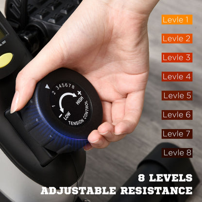 Close-up of the adjustable resistance dial on the mini exercise bike, showing 8 levels