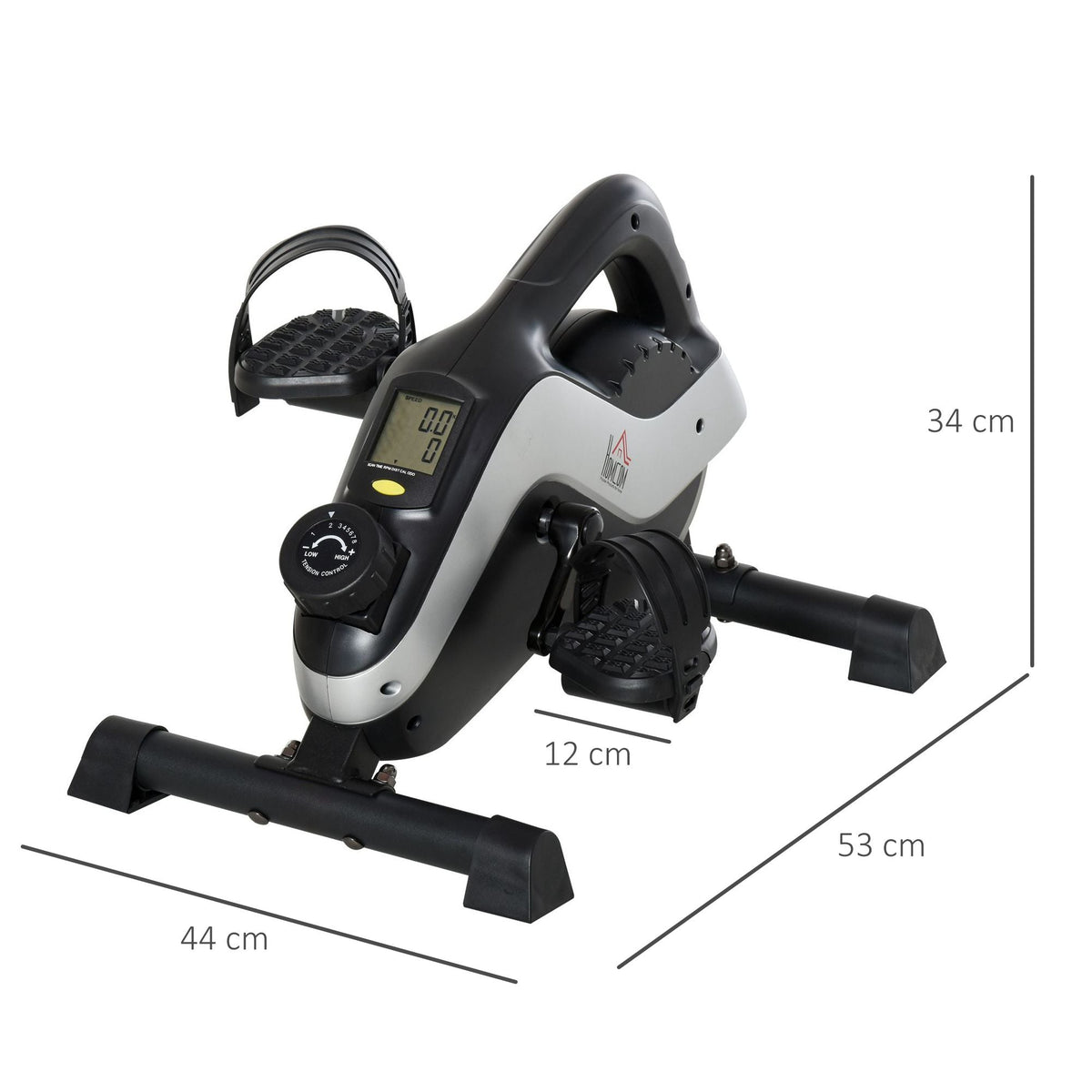 The portable pedal exerciser with dimensions shown for width, depth, and height