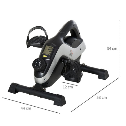 The portable pedal exerciser with dimensions shown for width, depth, and height