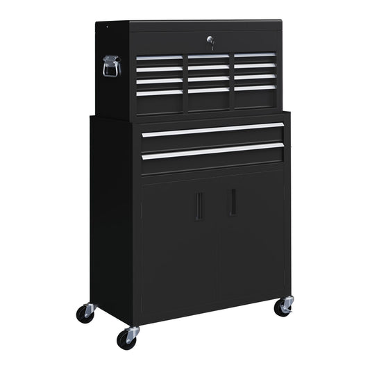 HOMCOM Portable Tool Box, a black metal tool chest on wheels with six drawers and a cabinet below
