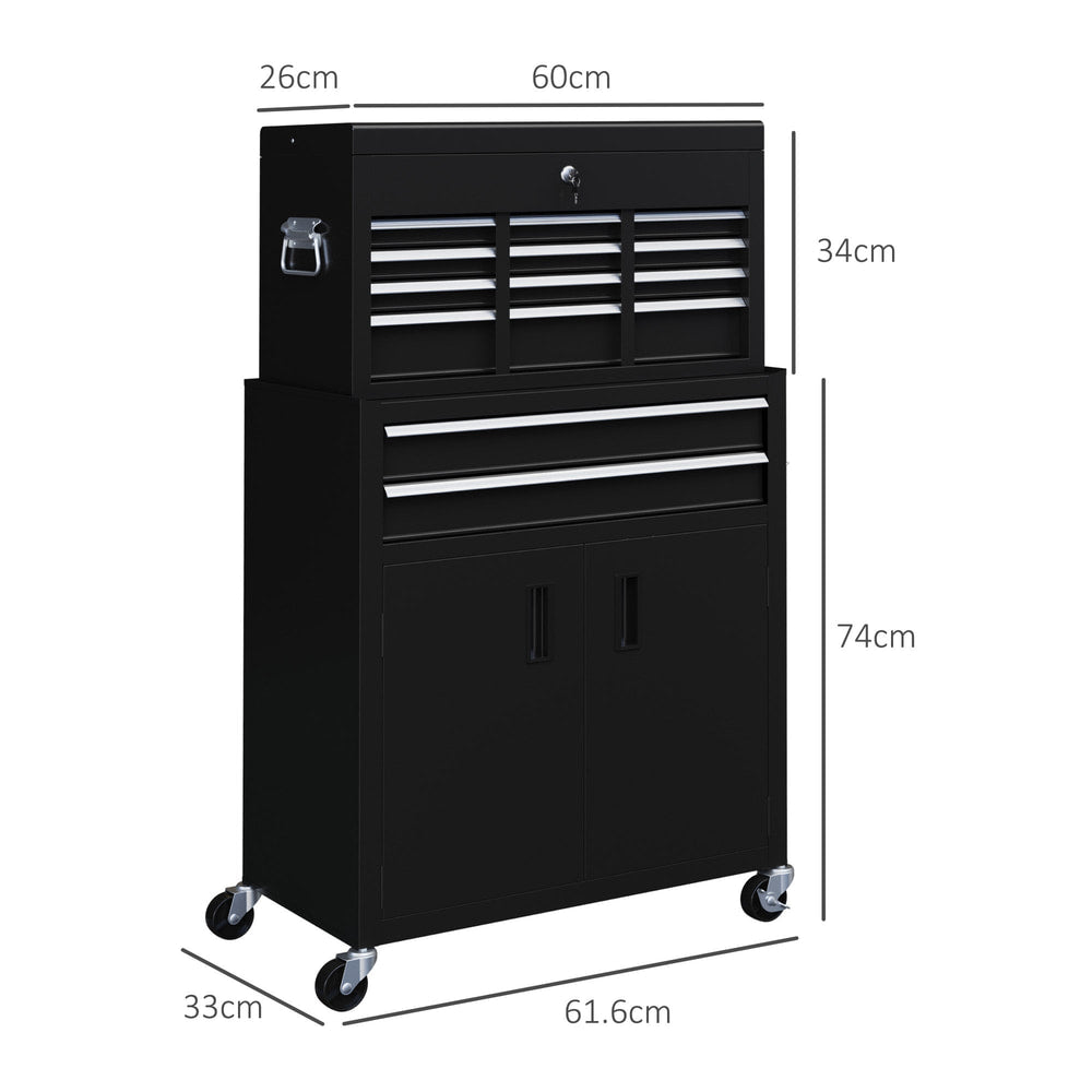 Dimensions of the black metal tool chest on wheels with six drawers and a cabinet