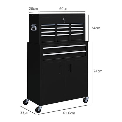 Dimensions of the black metal tool chest on wheels with six drawers and a cabinet