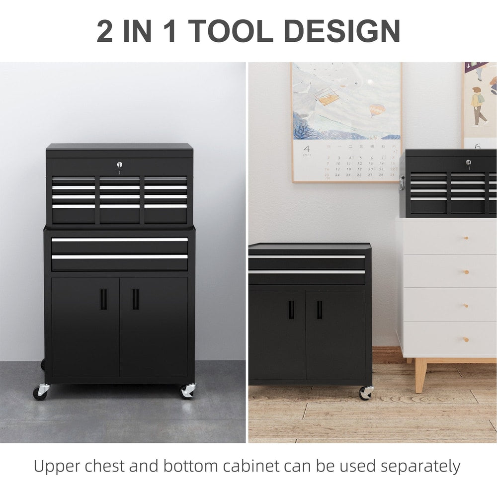 The black metal tool chest on wheels is shown with text indicating the upper and lower cabinets can be used separately