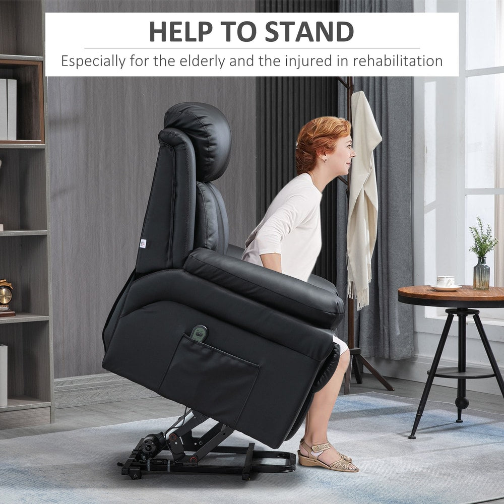 A woman uses the electric armchair to help her stand up from a seated position