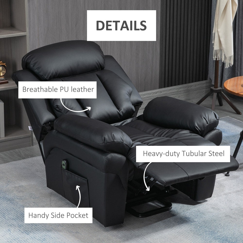 Close-up of the black electric armchair showing side pockets and faux leather material