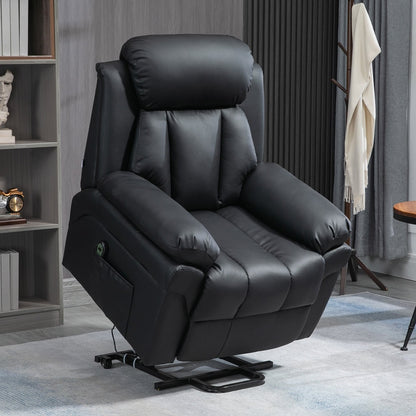 The black electric armchair is shown in a living room setting with a shelf and coat rack