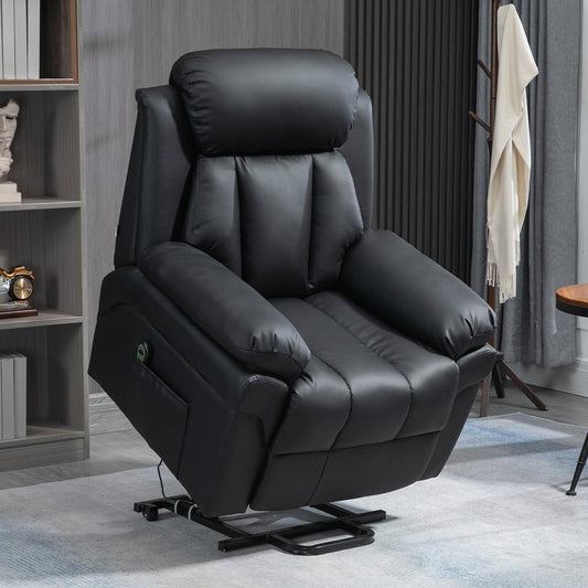 The black electric armchair is shown in a living room setting with a shelf and coat rack