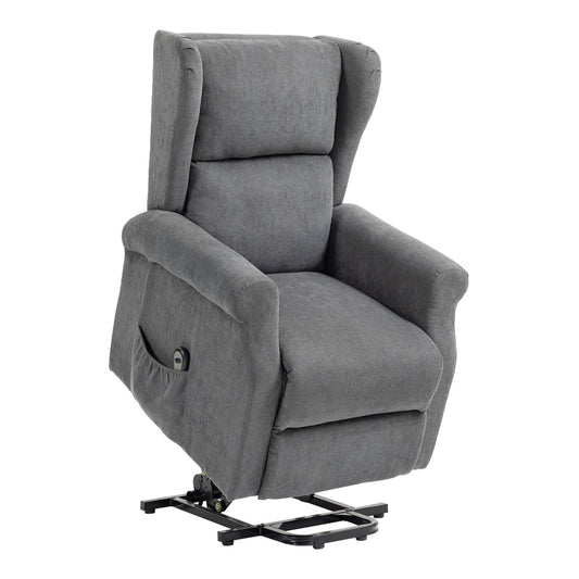 HOMCOM Power Lift Recliner Armchair in charcoal grey fabric, shown from the front with the seat raised