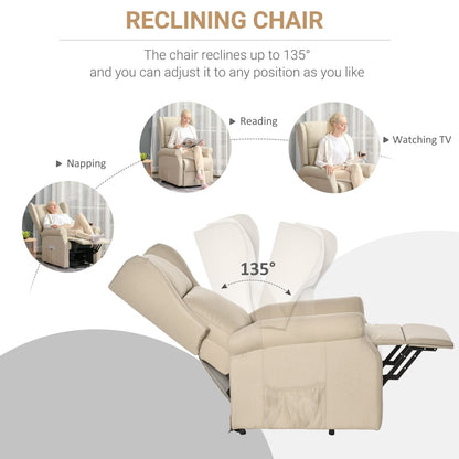 Diagram showing the reclining angles of the beige fabric electric lift armchair for different activities