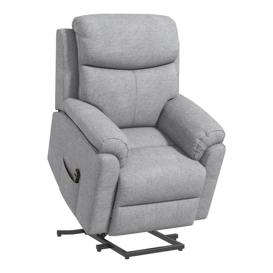 HOMCOM Power Lift Recliner Chair in grey fabric, shown from the front with the footrest down