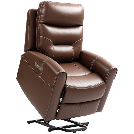 HOMCOM Power Lift Recliner Chair in brown faux leather, shown from the front with the footrest down