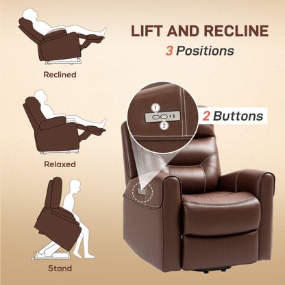 Diagram showing the three positions of the brown faux leather power lift recliner chair: reclined, relaxed, and standing